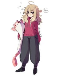  ahoge anakoluth aska_(anakoluth) black_pants black_socks blonde_hair blush closed_mouth female full_body glasses highres hood hoodie humanization long_hair long_sleeves longcat_(meme) looking_at_viewer meme original pants rectangular_eyewear red_hoodie smile socks solo sweatpants 