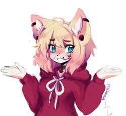  anakoluth animal_ears aska_(anakoluth) blush breasts dog_ears dog_girl dog_tail female furry furry_female glasses grin highres hood hoodie long_sleeves looking_at_viewer medium_breasts original parted_lips red_hoodie round_eyewear shrugging smile solo tail teeth upper_body 