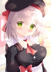  :o beret black_hat black_shirt blurry blurry_background blush bow braid breasts commentary_request depth_of_field female genshin_impact green_eyes hand_up hat kfc large_breasts long_sleeves medium_breasts noelle_(genshin_impact) noelle_(kfc)_(genshin_impact) official_alternate_costume parted_lips pleated_skirt red_bow renew_vivi shirt skirt sleeves_past_wrists solo white_hair white_skirt 