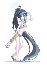  525_woiwo absurdly_long_hair absurdres alternate_costume aris_(blue_archive) bare_legs bikini bikini_bottom_only black_hair blue_archive blue_eyes crop_top crop_top_overhang female flat_chest hair_between_eyes halo heel_up highleg highleg_bikini highres holding holding_water_gun legs long_hair looking_at_viewer midriff navel ponytail sailor_collar sandals short_shorts shorts simple_background smile solo stomach swimsuit toes very_long_hair water_gun white_background 