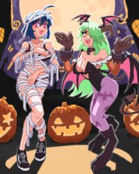  2girls ahoge black_bra black_footwear black_leotard blue_hair blush boots borrowed_character bra breasts cleavage cosplay green_hair hair_over_one_eye hcnone head_wings highres horns large_breasts leotard long_hair morrigan_aensland morrigan_aensland_(cosplay) multiple_girls mummy_costume oerba_yun_fang open_mouth original pantyhose pink_eyes pixel_art purple_pantyhose sharp_teeth shoes short_hair skye_(hcnone) smile sneakers teeth underwear upper_teeth_only vampire_(game) wings yellow_eyes 