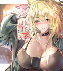  absurdres alcohol animal_ears arknights bad_id bad_pixiv_id bannou_ippoutsukou blonde_hair blurry blurry_background blush breasts choker cleavage collarbone cup drinking_glass female green_eyes green_jacket hair_between_eyes heart highres holding holding_cup jacket large_breasts lion_ears long_hair looking_at_viewer official_alternate_costume siege_(arknights) siege_(legacy)_(arknights) solo tank_top 