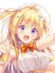  :d ahoge artist_name blonde_hair blush bow breasts center_frills citrus_(suzushiro_atsushi) close-up commentary_request eyelashes eyes_visible_through_hair female floating_hair frilled_shirt frills green_bow hair_between_eyes hair_ornament hairbow hand_up happy highres large_breasts long_hair looking_at_viewer maid open_hand open_mouth orange_bow orange_wrist_cuffs original purple_eyes shirt sidelocks simple_background smile solo star_(symbol) star_hair_ornament suspenders suzushiro_atsushi teeth two_side_up upper_teeth_only very_long_hair white_shirt wrist_cuffs 