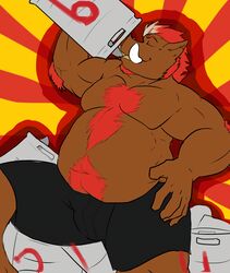  anthro belly bottomwear brown_body brown_fur bulge closed_eyes clothing fur humanoid_hands iavan male mammal overweight overweight_anthro overweight_male shorts solo suid suina sus_(pig) wild_boar 