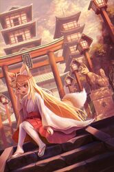  absurdres animal_ear_fluff animal_ears blonde_hair brown_eyes dutch_angle female fox_ears fox_mask fox_tail hakama hakama_skirt hand_up highres japanese_clothes lantern long_hair mask miko original outdoors red_hakama regu_(7lava) sandals scenery shrine skirt solo stairs statue tail torii white_legwear wide_sleeves zouri 