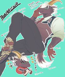  anthro ass black_body black_fur blush bovid caprine clothing eyewear fur glasses goat hair hi_res horn izm_rm7 japanese_text lifewonders male mammal muscular muscular_anthro muscular_male necktie pecs solo tanngrisnir_(tas) text tight_clothing tokyo_afterschool_summoners topwear tracksuit vest white_hair 