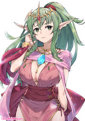  aged_up breasts cleavage cosplay dragonstone dress female fire_emblem fire_emblem_awakening ge-b green_eyes green_hair hair_ornament hair_ribbon highres jewelry large_breasts long_hair looking_at_viewer open_mouth pink_dress pointy_ears ponytail ribbon short_dress smile solo stone tiara tiki_(adult)_(fated_divinity)_(fire_emblem) tiki_(adult)_(fire_emblem) tiki_(fire_emblem) tiki_(young)_(fire_emblem) tiki_(young)_(fire_emblem)_(cosplay) 