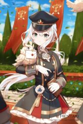  animal animal_on_arm artist_name bird black_dress black_headwear blue_eyes blue_flower blurry blurry_background book bow closed_mouth commentary day depth_of_field dragalia_lost dress english_commentary female flower frilled_dress frills gloves grey_bow hair_between_eyes hat hentaki highres holding holding_book long_hair low_ponytail noelle_(dragalia_lost) outdoors owl pantyhose peaked_cap pleated_dress ponytail solo_focus standing striped striped_bow tree very_long_hair watermark web_address white_gloves white_hair white_legwear 