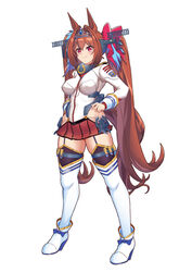  animal_ears breasts brown_hair closed_mouth collar cosplay daiwa_scarlet_(umamusume) female full_body garter_straps hair_intakes hair_tie hand_on_own_hip headgear hip_vent horse_ears horse_girl horse_tail jacket kantai_collection large_breasts long_hair metal_collar moke_ro pleated_skirt purple_eyes red_skirt simple_background skirt solo standing tail thighhighs tiara trait_connection twintails uchuu_senkan_yamato uchuu_senkan_yamato_2199 umamusume very_long_hair white_background white_jacket white_thighhighs yamato_(kancolle) yamato_(kancolle)_(cosplay) 