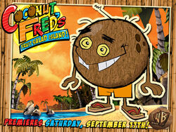  2005 advertisement beach border bottomwear brown_body closed_smile clothed clothing coconut coconut_fred coconut_fred&#039;s_fruit_salad_island detailed_background digital_drawing_(artwork) digital_media_(artwork) drupe_(fruit) elemental_creature english_text exposed_teeth flip_flops flora_fauna food food_creature footwear fruit kids_wb living_fruit logo male mouth_closed not_furry official_art orange_bottomwear orange_clothing orange_shorts orange_sky palm_tree plant pond promotional_material rock sand sandals seaside shorts sky smile solo standing teeth text toony tooth_gap topless tree unknown_artist waddling_head warner_brothers water yellow_sclera 