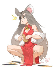  absurdres animal_ear_fluff animal_ears bad_id bad_pixiv_id bare_shoulders barefoot bell brown_eyes chen_zhang chinese_zodiac cleavage_cutout closed_mouth clothing_cutout covered_nipples diamond_cutout eating eyeshadow female fingernails food grey_hair highres holding holding_food long_hair makeup mouse_ears mouse_girl nail_polish original pink_nails seed signature simple_background solo squatting toenail_polish toenails very_long_hair white_background year_of_the_rat 