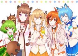  5girls animal_ears animal_hands animare bear_ears blue_eyes blue_hair blush bow bowtie breasts brown_hair capybara_girl choker cleavage closed_eyes closed_mouth cowboy_shot crossed_arms detached_sleeves dog_ears gloves green_eyes green_hair grin hair_between_eyes hair_ornament hands_on_another&#039;s_shoulders hinokuma_ran inaba_haneru_(animare) jacket kamekoya_sato kazami_kuku large_breasts long_hair long_sleeves looking_at_viewer multicolored_hair multiple_girls name_tag nanashi_inc. open_clothes open_jacket open_mouth orange_eyes orange_hair paw_gloves ponytail rabbit_ears red_hair scarf shirt short_hair simple_background smile souya_ichika souya_ichika_(1st_costume) v virtual_youtuber white_background yellow_eyes yunohara_izumi 