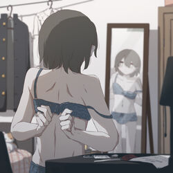  1boy absurdres avogado6 blue_bra blue_panties blurry blurry_background blurry_foreground bra brown_hair commentary crossdressing depth_of_field from_behind full-length_mirror gakuran highres indoors male_focus medium_hair mirror original pale_skin panties reflection school_uniform scissors secret_boy_(avogado6) solo standing stuffed_animal stuffed_cat stuffed_toy underwear white_eyes 