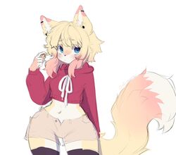  adapted_costume adjusting_hair anakoluth animal_ears aska_(anakoluth) black_thighhighs blonde_hair blue_eyes brown_shorts crop_top cropped_hoodie female fox_ears fox_girl fox_tail furry furry_female highres hood hoodie looking_at_viewer midriff navel no_eyewear original short_hair short_shorts shorts solo tail thighhighs wide_hips 