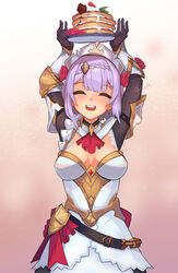  armor ascot black_gloves blunt_bangs braid breasts cleavage facing_viewer female flower food genshin_impact gloves hair_flower hair_ornament hand_up highres holding holding_plate lighter-than-air_pancake_(genshin_impact) medium_breasts noelle_(genshin_impact) open_mouth pancake plate purple_hair red_ascot red_flower red_rose rose solo yokura_(yukilina) 