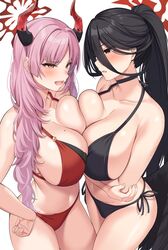  2girls alternate_costume bad_id bad_twitter_id bikini black_bikini black_choker black_wings blue_archive blush breast_contest breast_press breasts choker cleavage collarbone demon_horns hair_between_eyes halo halterneck hasumi_(blue_archive) highres horns huge_breasts inactive_account long_hair mole mole_on_breast mole_under_eye multiple_girls navel open_mouth pink_hair red_bikini red_eyes red_horns satsuki_(blue_archive) side-tie_bikini_bottom sideboob standing stomach string_bikini super_nagoyaka swimsuit symmetrical_docking thighs very_long_hair white_background wings yellow_eyes 