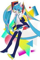  :d abstract_background ahoge arm_tattoo arms_behind_back black_skirt black_sleeves black_thighhighs blue_eyes blue_hair blue_necktie boots collared_shirt colored_shoe_soles commentary detached_sleeves female full_body gradient_necktie hair_ornament halftone hatsune_miku headset highres light_blue_hair long_hair looking_at_viewer machigami_yoh miniskirt necktie number_tattoo open_mouth shapes shirt simple_background skirt sleeveless sleeveless_shirt smile solo standing tattoo thigh_boots thighhighs twintails very_long_hair vocaloid white_background white_shirt yellow_necktie zettai_ryouiki 