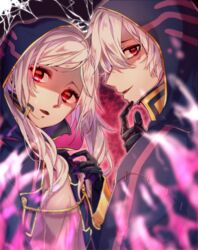  1boy bad_id bad_pixiv_id black_gloves fangs female fire fire_emblem fire_emblem_awakening fire_emblem_heroes gloves grima_(fire_emblem) hair_between_eyes highres hood long_sleeves looking_at_viewer medium_hair open_mouth profile purple_fire red_eyes robe robin_(female)_(fire_emblem) robin_(fire_emblem) robin_(male)_(fire_emblem) short_hair slit_pupils tida_2112 upper_body white_hair wizard 