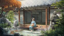  absurdres architecture artist_name black_hair blue_kimono bucket day east_asian_architecture feline female hair_ornament highres japanese_clothes kimono long_hair obi original outdoors regu_(7lava) rock sash scenery signature sitting soaking_feet solo stone_lantern tree vase water 