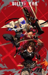  2boys absurdres bad_id bad_twitter_id belt black_belt black_gloves black_pants black_shirt black_tank_top blonde_hair blue_eyes blue_gloves brown_hair cape copyright_name cropped_jacket fingerless_gloves gaak11977 gloves grin guilty_gear guilty_gear_strive headband highres holding holding_sword holding_weapon jacket jewelry junkyard_dog_mk_iii ky_kiske long_hair multiple_boys muscular muscular_male necklace pants partially_fingerless_gloves pectorals red_background red_jacket shirt short_hair smile sol_badguy sword tank_top thunderseal weapon white_cape white_pants 