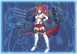  animal_ears blue_background breasts brown_hair closed_mouth collar cosplay daiwa_scarlet_(umamusume) female full_body hair_intakes hair_tie hand_on_own_hip headgear hip_vent horse_ears horse_girl horse_tail jacket kantai_collection large_breasts long_hair metal_collar moke_ro name_connection pleated_skirt purple_eyes range_finder red_skirt rigging skirt solo standing tail thighhighs tiara trait_connection turret twintails uchuu_senkan_yamato uchuu_senkan_yamato_2199 umamusume very_long_hair white_jacket white_thighhighs yamato_(kancolle) yamato_(kancolle)_(cosplay) 