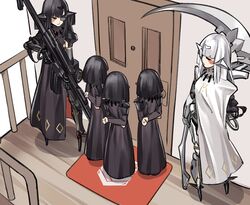  5girls adeline_(girls&#039;_frontline) alina_(girls&#039;_frontline) android anna_(girls&#039;_frontline) arms_behind_back black_hair black_scapular closed_mouth commentary_request door dress eyepatch facial_mark girls&#039;_frontline gun headgear holding holding_gun holding_weapon long_hair metal_eyepatch multiple_girls nyto_(generic)_(girls&#039;_frontline) nyto_(girls&#039;_frontline) nyto_larvae_(girls&#039;_frontline) paradeus parody scapular scythe standing tianliang_duohe_fangdongye weapon white_hair white_scapular 