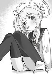  ahoge bad_id bad_twitter_id bendy_straw black_thighhighs blue_archive blush drinking drinking_straw drinking_straw_in_mouth female foot_out_of_frame greyscale hair_flaps hair_ornament halo head_tilt highres long_sleeves looking_at_viewer milk_carton miyamae_(miyazen9311) monochrome natsu_(blue_archive) neckerchief on_floor panties pantyshot sailor_collar school_uniform shoes side_ponytail sidelocks simple_background skirt sneakers solo thighhighs underwear 