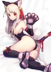  absurdres animal_ear_fluff animal_ears animal_hands ass bare_shoulders bell black_gloves black_leotard black_thighhighs blush breasts cat_ears cat_tail center_opening elbow_gloves fake_animal_ears fate/kaleid_liner_prisma_illya fate_(series) female fur_collar gloves hair_between_eyes hair_ribbon highleg highleg_leotard highres illyasviel_von_einzbern illyasviel_von_einzbern_(beast_style) jingle_bell legs leotard long_hair looking_at_viewer nakanishi_tatsuya paw_gloves red_eyes ribbon sidelocks small_breasts smile solo tail thighhighs thighs white_background white_hair 