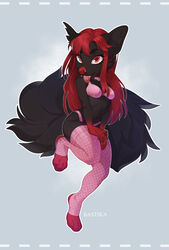  2022 4_toes 5_fingers anthro bastika black_body black_fur bra breasts canid canine canis clothed clothing digital_media_(artwork) feet female fingers fur hair hi_res legwear mammal midriff navel orange_eyes red_hair simple_background solo thigh_highs toes underwear wolf 