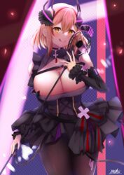  :q absurdres azur_lane bare_shoulders black_choker black_corset black_dress black_pantyhose black_sleeves blonde_hair blush breasts brown_eyes choker cleavage collarbone commentary_request corset cowboy_shot cross crossed_bangs detached_sleeves dress female frilled_dress frills hair_between_eyes headgear highres holding holding_microphone_stand idol iron_cross large_breasts light_particles looking_at_viewer microphone_stand miki_miki multicolored_hair pantyhose red_hair roon_(azur_lane) roon_(muse)_(azur_lane) short_hair sidelocks signature sleeveless sleeveless_dress smile solo stage standing streaked_hair tongue tongue_out 