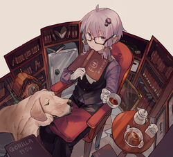  ahoge alternate_costume animal bespectacled black-framed_eyewear black_pants black_vest book bookshelf canine clock closed_mouth commentary cuckoo_clock cup expressionless female from_above glasses gloves gun hair_ornament hitogome holding holding_book holding_cup long_sleeves looking_at_viewer looking_up miniskirt open_book painting_(object) pants purple_eyes purple_hair purple_shirt safe_(container) semi-rimless_eyewear shirt short_hair_with_long_locks sidelocks skirt solo tea teacup teapot under-rim_eyewear vest vocaloid voiceroid weapon white_gloves yuzuki_yukari 