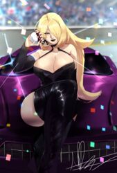  1girls 2022 big_breasts black_lipstick blonde_hair car cintia_(pok&eacute;mon) cleavage confetti cynthia_(pokemon) digital_media_(artwork) female female_only fully_clothed game_freak holding_object human light-skinned_female light_skin long_hair looking_at_viewer michael_lavacca nintendo outdoors outside painted_nails pok&eacute;mon pokeball pokemon puzzled_artist shaded sitting sitting_on_car skimpy smile solo solo_female yellow_eyes 