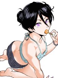  1girls alternate_hairstyle ass bangs barefoot bikini_top black_hair bleach breasts candy color daraz18aka denim_shorts double_bun edit female female_only food food_in_mouth hair_between_eyes hair_buns kuchiki_rukia lolipop looking_at_viewer petite pinup popsicle purple_eyes short_hair short_shorts shorts small_breasts solo solo_focus 