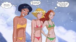  3girls alex_(totally_spies) animated bandeau_bikini bikini black_hair blonde_hair breasts cleavage clover_(totally_spies) cold dark-skinned_female dark_skin flash_animation frost_resistant frostproof gif green_bikini group human light_skin long_hair navel red_bikini red_hair sam_(totally_spies) short_hair snow snowstorm spy strapless_bikini swimsuit swimwear teen teenage_girl teenager teenagers totally_spies underboob wind winter yellow_bikini 