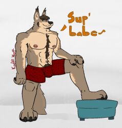  abs alternate_version_at_source anthro armpit_hair aroused bedroom_eyes belly_hair belly_tuft biceps big_muscles big_nipples big_pecs biped body_hair bottomwear broad_shoulders brown_body brown_fur chest_hair claws clothed clothing dialogue english_text flirting flirting_with_viewer fur gesture grin hairy hand_on_leg hand_on_thigh happy_trail kodiff_wolff looking_at_viewer male mature_anthro mature_male muscular muscular_anthro muscular_male narrowed_eyes nipple_piercing nipples pecs piercing pink_nipples presenting pube_peek pubes raised_leg seductive shorts simple_background smile smug solo standing tan_body tan_fur text topless topless_anthro travis_whiler tuft 