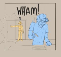 aged_up angry bill_cipher bottomwear clothing desk detailed_background digital_media_(artwork) dipper_pines disney door doorway duo eyewear footwear frown furniture glasses gravity_falls hair hat headgear headwear human humanoid male mammal not_furry pants paper pencil_(object) pointy_ears shirt shoes standing suit surprised t-shirt table teeth that1gayship topwear 