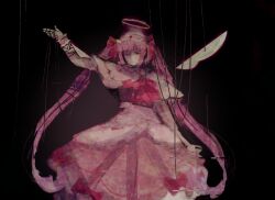  ;) ai-chan_(love_angel_syndrome) arm_behind_back bandaged_arm bandages black_background blunt_bangs bow chest_bow distortion dress female hairbow halo haze highres joints layered_dress long_hair loose_wires love_angel_syndrome maid_headdress multiple_hair_bows muted_color one_eye_closed outstretched_hand pink_dress pink_hair robot_joints shinano_(azur_lane) sidelocks silkenbow single_wing sleeve_cuffs smile solo spotlight twintails upper_body winged_sleeves wings wire 