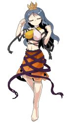  arm_ribbon arm_up barefoot black_ribbon blue_hair breasts chirizuka_ubame clenched_hand closed_eyes dairi dress fossilized_wonders frilled_dress frilled_skirt frills frown hair_ornament halterneck highres knee_up long_hair midriff multicolored_dress narrowed_eyes nipples open_mouth orange_skirt purple_ribbon ribbon skirt standing standing_on_one_leg tachi-e touhou waist_ribbon 
