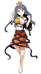  arm_ribbon arm_up barefoot black_ribbon blue_hair breasts chirizuka_ubame clenched_hand dairi dress fossilized_wonders frilled_dress frilled_skirt frills hair_ornament halterneck highres knee_up long_hair midriff multicolored_dress nipples open_mouth orange_skirt purple_eyes purple_ribbon raised_eyebrows ribbon skirt sparkling_eyes standing standing_on_one_leg tachi-e touhou waist_ribbon wide-eyed worried 