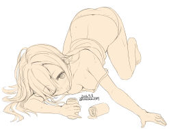 bare_arms bare_back bare_legs bare_shoulders barefoot blush breasts can check_copyright cleavage copyright_request dated drink drooling exhausted female full_body hair_spread_out highres holding holding_can long_hair monochrome one_eye_closed open_mouth original panties simple_background solo spill strap_slip sweat tank_top toes top-down_bottom-up twitter_username unasaka_ryou underwear white_background yellow_theme 