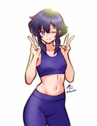  ;) black_eyes black_hair breasts cleavage commission double_v female fire_emblem fire_emblem:_genealogy_of_the_holy_war highres ko-fi_commission larcei_(fire_emblem) looking_at_viewer navel one_eye_closed pants purple_pants purple_sports_bra rotomdocs short_hair simple_background small_breasts smile solo sports_bra v yoga_pants 