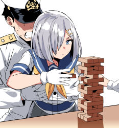  1boy admiral_(kancolle) belko black_hair blue_eyes breasts clenched_teeth commentary_request expressionless female gloves grabbing_another&#039;s_breast grabbing_from_behind grey_hair groping hair_ornament hair_over_one_eye hairclip hamakaze_(kancolle) hat highres huge_breasts jenga kantai_collection long_sleeves military military_uniform naval_uniform neckerchief sailor_collar school_uniform serafuku shaded_face short_hair short_sleeves simple_background straight sweat teeth white_background white_gloves white_hat yellow_neckerchief 