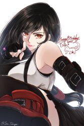  2025 bare_shoulders bike_shorts_under_skirt birthday black_gloves black_hair black_skirt black_thighhighs boots breasts character_name closed_mouth commentary_request crop_top elbow_gloves female fighting_stance final_fantasy final_fantasy_vii final_fantasy_vii_rebirth final_fantasy_vii_remake fingerless_gloves glint gloves happy_birthday highres inu_tokage kicking large_breasts lips long_hair looking_at_viewer materia pink_lips red_boots red_eyes simple_background skirt solo suspender_skirt suspenders swept_bangs tank_top thighhighs tifa_lockhart twitter_username upper_body white_background white_tank_top 
