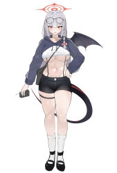  absurdres black_tail black_wings blue_archive breasts demon_tail demon_wings fake_wings female full_body halo haruna_(blue_archive) highres red_halo simple_background single_wing solo tail umber00 underboob white_background wings 