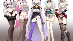  5girls absurdres arm_strap ascot bare_arms black_boots black_collar black_dress black_gloves black_horns black_nails black_panties black_shorts black_skirt black_thighhighs blonde_hair blue_skirt boots bow bow_panties breast_zipper breasts brown_thighhighs camisole character_print chest_belt chest_sarashi cleavage closed_mouth clothes_lift clothes_pull collar collared_dress collared_shirt commentary_request cropped_shirt crossed_arms crow_(la+_darknesss) demon_girl demon_horns demon_tail detached_sleeves dress dress_lift dress_shirt facing_viewer fingerless_gloves fold-over_boots frilled_camisole frilled_panties frilled_shirt frills garter_straps gloves gradient_background green_panties grey_background grey_hair hakama hakama_short_skirt hakama_skirt hakui_koyori hakui_koyori_(1st_costume) haori head_out_of_frame heart_pendant highleg highleg_panties highres hololive holox horns japanese_clothes kazama_iroha kazama_iroha_(1st_costume) kuroi_suna la+_darknesss la+_darknesss_(1st_costume) lace-trimmed_panties lace-up_boots lace_trim legs_apart long_hair long_sleeves looking_at_viewer medium_breasts medium_hair miniskirt multiple_girls nail_polish navel necktie over-kneehighs panties pendant_collar pink_hair pink_necktie pink_panties plaid_clothes plaid_skirt pleated_skirt pointy_ears print_panties puffy_long_sleeves puffy_sleeves purple_hair purple_thighhighs red_necktie red_skirt sakamata_chloe sakamata_chloe_(1st_costume) sarashi shirt short_dress short_hair shorts shorts_pull simple_background single_thighhigh skirt skirt_lift sleeve_garter sleeveless sleeveless_dress sleeveless_shirt standing striped_horns tabi tail takane_lui takane_lui_(1st_costume) thigh_strap thighhighs torn_clothes torn_thighhighs underwear very_long_hair wavy_hair white_ascot white_background white_camisole white_haori white_panties white_shirt white_sleeves white_thighhighs wolf_girl wolf_tail yellow_necktie 