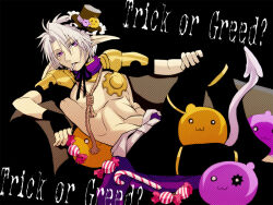  1boy armor black_gloves black_hat black_pants candy candy_cane cigarette commentary_request drops_(ragnarok_online) feet_out_of_frame fingerless_gloves food gloves hand_on_own_knee hat looking_at_viewer male_focus mechanic_(ragnarok_online) noose open_mouth pants pauldrons pointy_ears poring purple_eyes ragnarok_online reclining short_hair shoulder_armor shrug_(clothing) sitting slime_(creature) solo toned toned_male top_hat trick_or_treat white_hair wrapped_candy yukimushi 