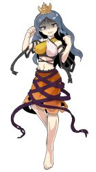  arm_ribbon arm_up barefoot black_ribbon blue_hair breasts chirizuka_ubame clenched_hand dairi dress fossilized_wonders frilled_dress frilled_skirt frills grin hair_ornament halterneck highres knee_up long_hair midriff multicolored_dress nipples open_mouth orange_skirt partially_shaded_face purple_eyes purple_ribbon ribbon skirt smile sparkling_eyes standing standing_on_one_leg tachi-e touhou waist_ribbon 
