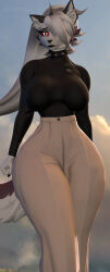  2026 3d_(artwork) absurd_res anthro atomicsopp_sfm big_breasts bottomwear breasts canid canid_demon canine clothed clothing collar demon digital_media_(artwork) ears_up eyebrows female fingers fully_clothed fur hair happy hellaverse hellhound helluva_boss hi_res lipstick long_hair looking_at_another loona_(helluva_boss) makeup mammal mythological_canine mythological_creature mythology nails pants pupils red_eyes shirt solo spikes thick_thighs topwear white_body white_fur white_pupils 