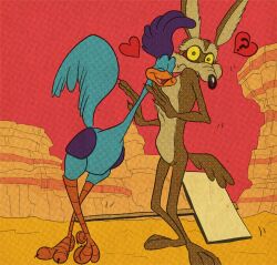  anthro avian bird canid canine canis closed_eyes coyote cuculiform desert duo english_text face_on_chest feral heart_symbol looney_tunes male male/male mammal new_world_ground_cuckoo nuzzling pbbanc question_mark road_runner_(looney_tunes) roadrunner surprised text warner_brothers wile_e._coyote 