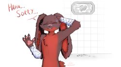  absurd_res ambiguous_gender anthro band-aid bandage bandaged_arm bandaid_on_face bandaid_on_nose bodily_fluids breaking_bad broken_window brown_body brown_fur buckteeth casualties:_unknown chest_tuft closed_eyes dialogue english_text fur glass_shards gunsaw gunsawian hand_behind_head hi_res icke_(gunsawian) lagomorph leporid livecalculus mammal multicolored_body multicolored_fur pawpads pink_pawpads rabbit scut_tail short_tail simple_background smile solo sweat tail teeth text tile tile_wall tuft two_tone_body two_tone_fur wall_(structure) walter_white watermark 